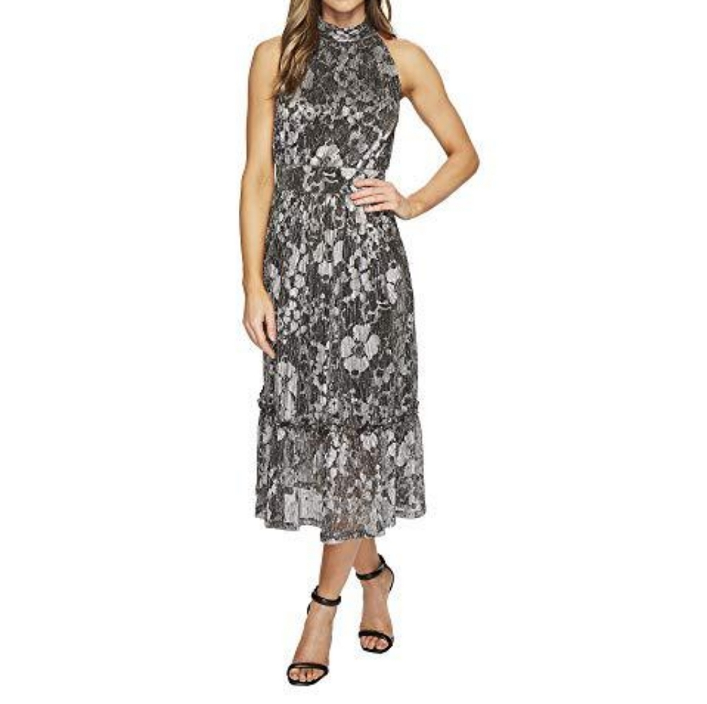 Michael Kors Metallic Lace Midi Dress Silver Black Halter Tiered XS Evening